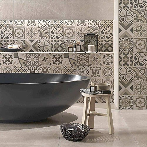 RE-COVERTILES - Autocollants Carrelage Salle de Bain et Cuisine 24 Pcs 10x10 cm - PS00154 Décoration murale en carrelage mosaïque PVC imperméable style carreaux de ciment Azulejos