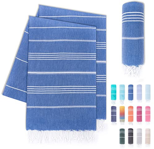 LAYNENBURG 2er-Set Premium Hamamtuch mit handgeknüpften Fransen - 100% Baumwolle - Strandtuch 95x180 cm - Oeko-TEX 100 - Strandhandtuch groß - Saunatuch & Reisehandtuch (Himmelblau)