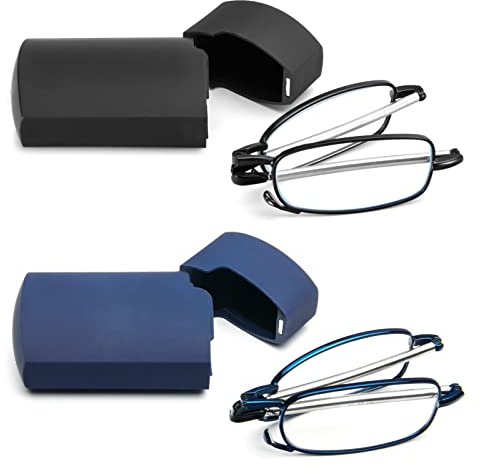 KoKoBin Faltbare 2 Pack Lesebrille aus Edelstahl Mini Anti-Blau Sehnhilfe für Damen und Herren Lesehilfe mit Hartschalen-Etui 2.5