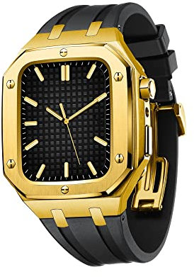 KANUZ Para Apple Watch 7 45mm 6 Series 44mm Band Caja de Metal con Estuche, iWatch Silicone Band 45mm 5 4 SE 44mm Accesorios para Hombres Estuche Completo (Color : Gold Black, Size : 45MM FOR 7)