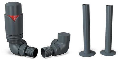 UK Radiators Anthracite Thermostatic Radiator Valves and Corner Lockshield Valve - Matt Anthracite Finish - Modern Design 1/2 x 15mm Corner Radiator Valves with 130mm Pipe Covers