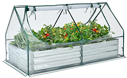 COSTWAY 3 in 1 Gewächshaus mit Hochbeet, Metall Pflanzkasten, PVC-Folie, Blumenbeet mit Zwei Fenstern, Rechteckiges Frühbeet für Blumen, Kräuter im Garten, Terrasse und Balkon, Silber (180x90x91cm)