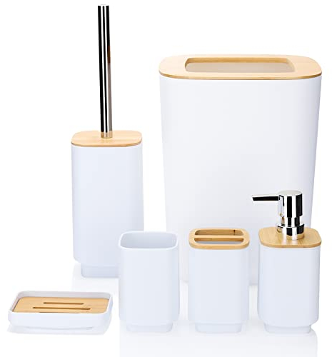 JOTOM Bamboo Bathroom Accessories Set of 6 Modern Design 6 Pieces Bathroom Accessory Set Soap Dispenser Toothbrush Holder Tooth Mug Soap Dish Toilet Brush Rubbish for Bathroom Home Decor (White)