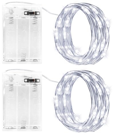 Gcstnn Luci LED a Batteria, 2Pcs 3M 30LED Catena Luci Stringa con Timer, IP65 Impermeabile Filo Rame Fata Ghirlanda Luminosa per Camera Natale Feste Matrimonio In/Esterno Decor, Bianco Freddo