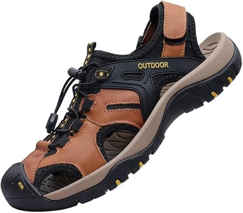 MGGMOKAY Hombre Sandalias de Verano Senderismo Exterior Trekking Casual Zapatos de Montaña Cuero Sandalias de Playa,Coñac,46