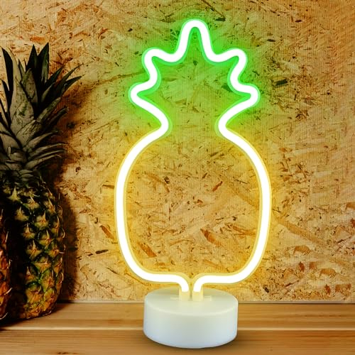 JIURUIFFC Ananas Neonlicht, LED Ananas Neonlicht Schild mit Basis, Batterie/USB Powered, Pineapple Neon Sign Leuchtreklame für Kinderzimmer, Schlafzimmer, Wohnzimmer, Bar, Party, Weihnachten Deko