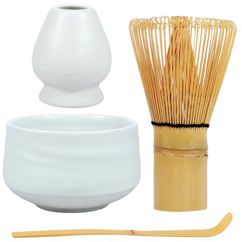 Foribyw 4Pcs Japanese Matcha Tea Set, Matcha Starter Making Kit with Matcha Whisk Bowl Whisk Holder and Scoop Safe Bamboo Tea Whisk and Ceramic Bowl Set for Matcha Tea(White)