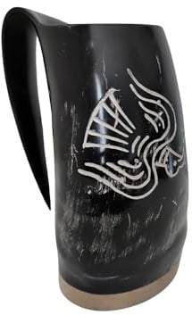 Viking By Heart Real Ox Horn 6-7'' Long, Vikings Drinking Horn Mug with Wooden Base, Engraved with Odin's Ravens| 20 OZ Capacity, Handcrafted Horn Mug Unique Beer Gifts for Men, Women