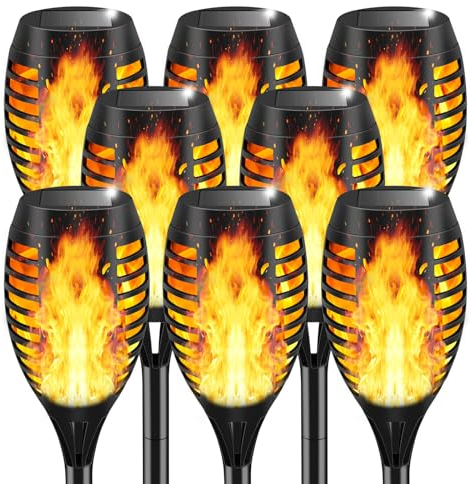 8 Pack Lumières Torche Solaire Exterieure,12 LED Lampe Solaire Exterieur Jardin avec Flamme Dynamique Réalistes, Lumières Flamme Solaire Étanche IP65 pour Décor,Pelouse,Jardin,Patio,Chemins,Cour