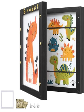 SONGMICS Bilderrahmen, A4, 22 x 28 cm, Kinderauszeichnungen, Box für bis zu 150 Zeichnungen, MDF, Glas, Passepartout, Sticker, spurlose Wandhaken, 34,5 x 25,5 cm, aschschwarz RPF052B01