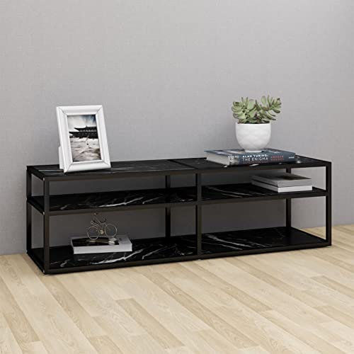 CIADAZ TV-Schrank Schwarz Marmor-Optik, 140x40x40,5 cm Hartglas, TV Lowboard für Wohnzimmer