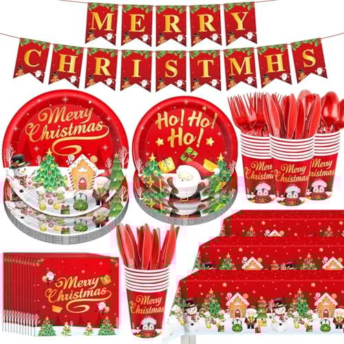 KAHEIGN 170 Piezas Vajilla de Papel para Fiestas Navideñas, 24 x Platos para Cena y Ensalada, 24 x Vasos, 24 x Servilletas, 24 x Reutilizables Cuchillos, Tenedores y Cucharas, 1 x Mantel y Pancarta