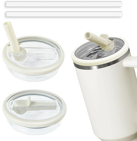 2pcs Leakproof Lid with Straw for Stanley 40oz Replacement,No-Spill Cup Lids for Stanley Quencher,Tumbler Flip Straw Lid for Stanley Accessories (Cream White, 40oz)