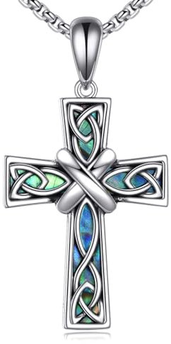 POPLYKE Kreuz Halskette für Herren und Damen - 925 Sterling Silber Keltisches Kreuz mit Abalone Shell Anhänger - Schmuck für Valentinstag