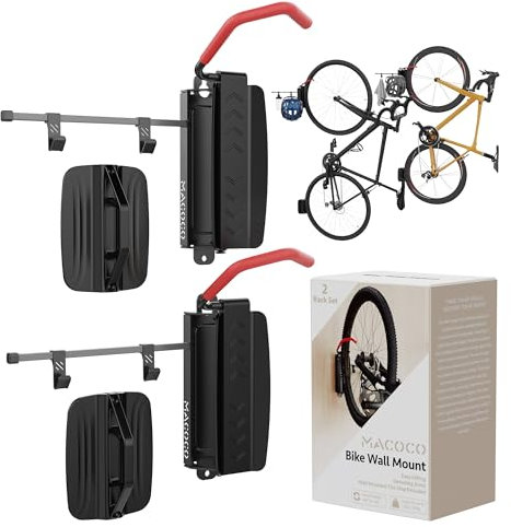 MACOCO Swivel Bike Wall Mount (2-Pack) - 77lbs Heavy Duty Garage Bike Rack w/Helmet Hook & Tire Stop, Space-Saving Vertical Storage for Road/Mountain Bikes | Sturdy Bicycle Wall Mount