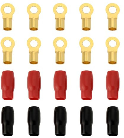 EMSea Lot de 10pcs Connecteurs Cosses à Sertir Laiton Calibre 4 AWG avec Manchons d'isolation Noirs Et Rouges Goujon 5/16 Pouces Et 8 Mm pour Cosses à Anneau Véhicule Appareils électriques