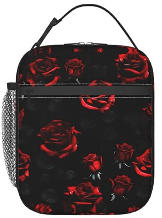 HJLUUFT Red and Black Roses - Lonchera térmica para adultos y niños pequeños, con lonchera Bento