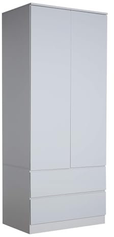 Home Source 2 Door Wardrobe, High Gloss Front Spacious Closet Organiser, Bedroom Dresser Storage Cabinet, 2 Drawer, Grey