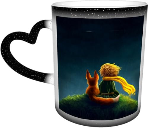 DOHXQM Taza Café cerámica, Taza de café con efecto térmico y cambio de color 330 ml Taza Mágica Regalo interesante,El principito y el zorro miran al cielo.