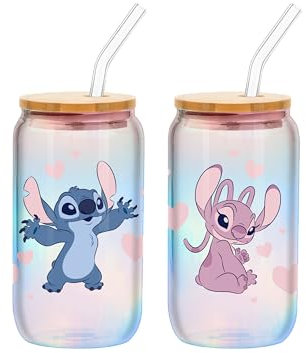 Silver Buffalo Stitch and Angel Valentines Make Some Waves Iridescent 2pk 16oz Glass Tumbler w Bamboo Lid and Glass Straw Set