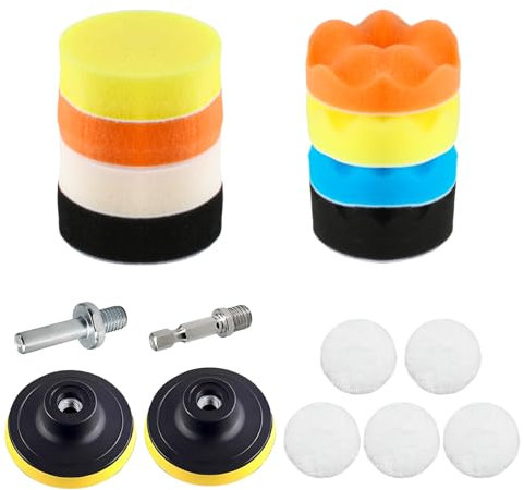 17 Pz Kit Lucidatura Auto, 80mm Tamponi Lucidatura Auto, Lucidare Auto Platorello per Trapano, Kit di Spugne Lucidanti in Lana per Lucidatura Levigatura Ceratura, con M10 Adattatore per Trapano