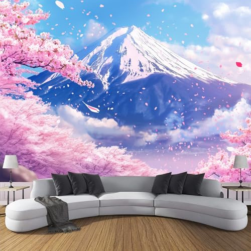 Fototapete Berg Fuji PVC Tapeten Moderne Wandtapete Wohnzimmer Schlafzimmer Kirschblüten Tapeten Wohnzimmer Jugendzimmer Wanddeko Wandtattoo selbstklebende 150x105cm