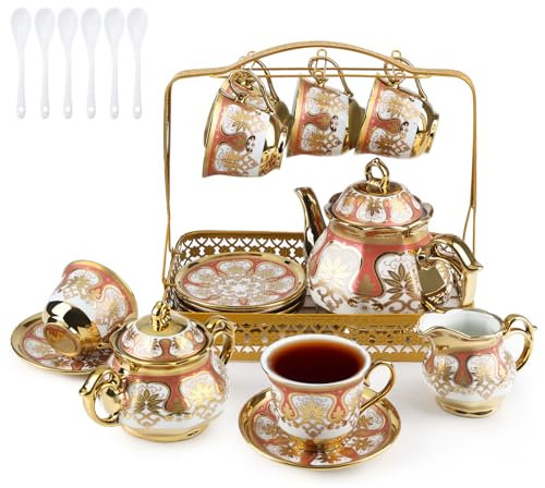 Tea Cup Set 22 Piece Porcelain Tea Sets,Luxury Tea Cup and Saucer Set,220 ml Teacup 1100ml Teapot Set,European Ceramic Coffee Cup Set with Metal Holder,Flower Tea Coffee Serving Sets for Wedding,Party