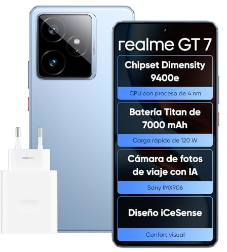 realme GT 7 Smartphone, 5G, Dual SIM, 12GB de RAM, 512GB de ROM, Pantalla AMOLED de 6,8, chipset Insignia Dimensity 9400e, batería Titan de 7000mAh, cámara de 50MP, IceSense Azul, Adaptador Incluido