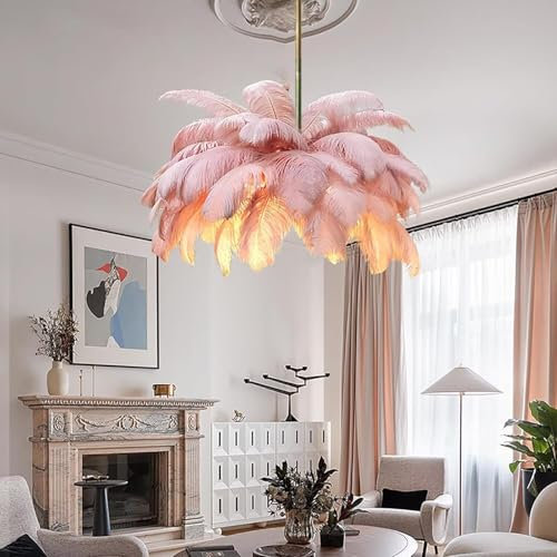 AstrizLamp Lampadario Piume, φ-85cm Rosa Paralume 4500K Faretto, Moderno LED Plafoniera Naturali Lampadario a Piume per Soggiorno Camera da Letto Ristorante Creativa Illuminazione