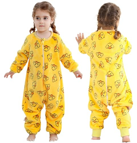 HAHASHOW Schlafsack mit Füßen 2.5 Tog für Baby 3-4 Jahre, Enten-Druck | Warm und Weich Flanell, Zweiwege Reißverschluss, Maschinenwaschbar, mit Ärmeln und Geteilten Füßen, für Herbst und Winter