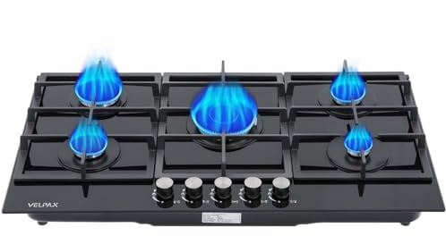 Placa de Gas 5 Fuegos, Placa de Cocción Empotrada, NG/LPG convertible, Encendido Eléctrico, Sistema Seguridad, Parrilla Hierro Fundido