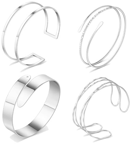 Dermalyx 4 Stück Armreif, Verstellbare Silberne Oberarmmanschetten, Oberarm Schmuck Armlet Bangle, Boho Armreif Armband Set, Wasserdichtes Oberarm Band