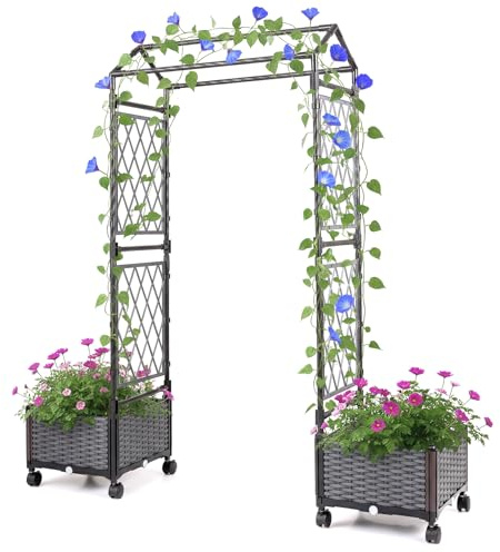 FANTASK 2 in 1 Rosenbogen mit Pflanzkästen, Pflanzkübel mit hängendem Dach & Rankgitter, Rosen Rankhilfe auf Rollen, Metall & PP-Rattan, Rankkasten für Kletterpflanzen (Grau)