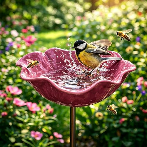 Handgefertigte Vogeltränke aus Metall in Blumenform – Winterfester Gartenstecker als Bienen- & Insektentränke für Draußen – Elegante Gartendeko-Figur (Rosa)