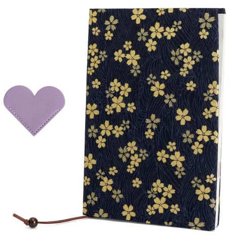 Funda Libro A5 con Marcapáginas Corazón - Funda de Tela para Libro, Cubierta Lavable Reutilizable, Motivo Floral azul Oscuro para Novelas, cuadernos, Scrapbooking, Lectura, Estudio, Regalo Lector