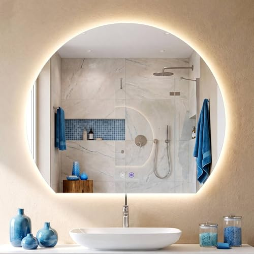 CLP Badspiegel mit LED-Beleuchtung halbrund, Badezimmerspiegel mit Touch-Dimmer, 3 Lichtfarben, beschlagfrei, rahmenloser Wandspiegel Baloni, Größe:Ø 80 cm