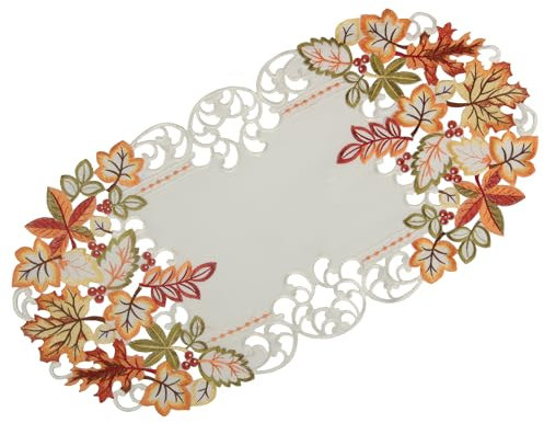 Herbst Tischläufer Tischdecke Weiß gestickt mit bunten Blätter Mitteldecke Deckchen (ca. 35 x 70 cm Oval)
