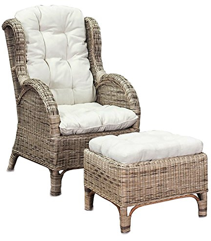 Mojawo Luxus Relaxsessel Korbsessel Ohrensessel mit Fußhocker aus Rattan, inkl. Polster in beige Gartensessel Rattansessel mit Hocker