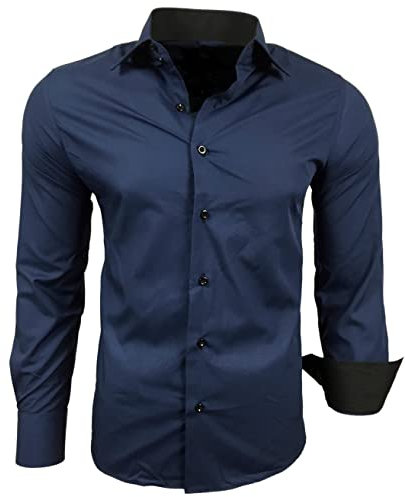 Subliminal Mode - Repassage Facile Chemise Homme Col Bicolore Uni Manches Longues Coupe Slim Business Idée Cadeau, Noël, Saint Valentin RN44,L,Bleu Marine