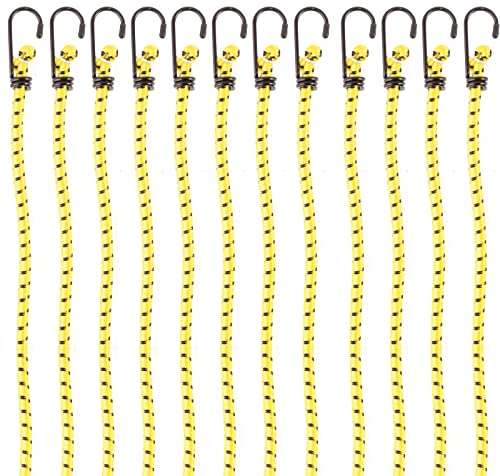 PRETEX Corde Elastiche con Gancio - Set di 12 - Corda Elastica con Gancio per Teloni Portapacchi Auto e Bici - Ganci Elastici Portapacchi - 59 cm - Giallo
