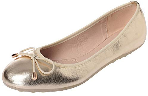 ANUFER Women's Lovely Bowknot Soft Slip-on Ballet Flats Pumps Dolly Shoes Round Toe Gold SN02752 UK5.5=EU38.5=CN40