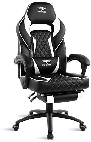 Spirit Of Gamer – Mustang Series – Chaise Gaming - Simili Cuir capitonné – Repose Pieds – Coussin Nuque & Lombaires – Accoudoirs Articulés – Inclinable 135° - Logo Surpiqué (Blanc)