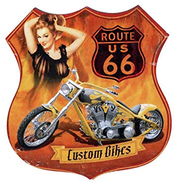 Cucuba Magnet für Kühlschrank, im Vintage-Stil, Souvenir-Sammlung, Druck auf MDF, Laserschnitt, hohe Qualität, Geschenkidee (Magnet Route 66 mit gelbem Motorrad)
