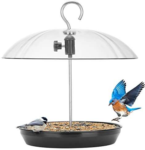 Kingsyard Adjustable Platform Bird Feeder for Outdoors Hanging, Metal Tray Bird Feeder with Dome Top, Attract Bluebirds Cardinals Goldfinches (Black)