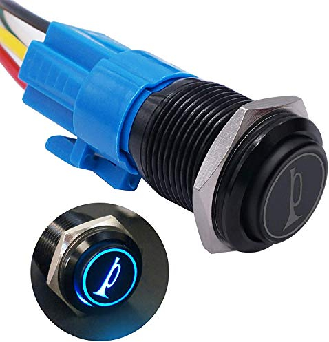 Taiss 19MM 12V bouton de klaxon de voiture bleu LED allumé momentané en métal haut-parleur Air klaxon interrupteur à bascule avec fils BK-GLB19-BU