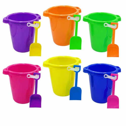4E's Novelty 6 Pack 7.5 Beach Buckets and Shovels for Kids Bulk - Strong Large Sand Bucket for Toddler Beach Toys for Kids 3-10, Sandbox Toys