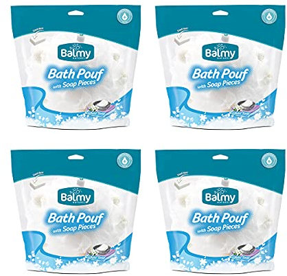 4 Pack Shower Puffs With Soap Pieces - White Soap - Premium Quality Loofah Exfoliating