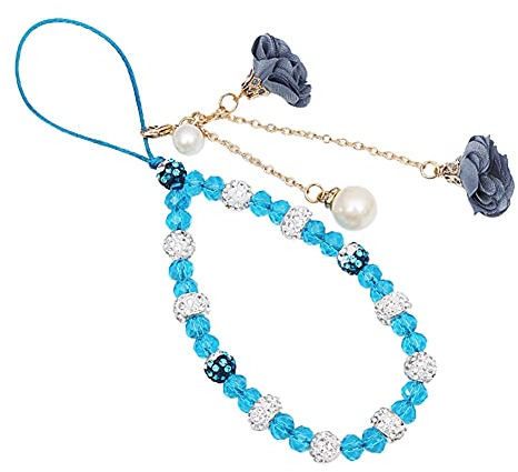 Uposao Bling Diamant Strass Handschlaufe für Telefon,Blume Handykette Perlen Handyanhänger Telefon Kette Handy Strap Perlen Lanyard Handgelenk für Telefonkasten Kamera Schlüsselbund USB-Stick,Blau