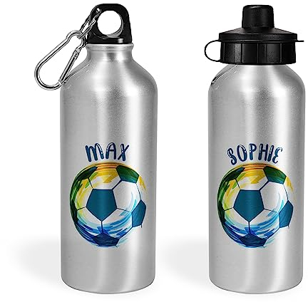 Print Maniacs Personalised Water Bottle School Sport Cap Drink White Silver 600ml or 400ml Aluminium Kid Boys Girls Biking Gift Football (Silver, 600ml)