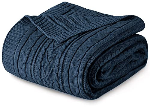Aormenzy Navy Blue Cable Knit Throw Blanket Queen Size for Bed Couch Sofa, Super Soft Cozy Knitted Blanket 90 x 90 Bed Blankets Full Size